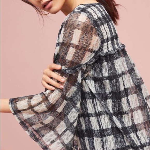 AKEMI + KIN Patrizia Sheer Buffalo Check Plaid Long Sleeve Top Black White XS - Picture 2 of 9